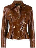 Versace Safety Pin Buttoned Leather Jacket - Brown