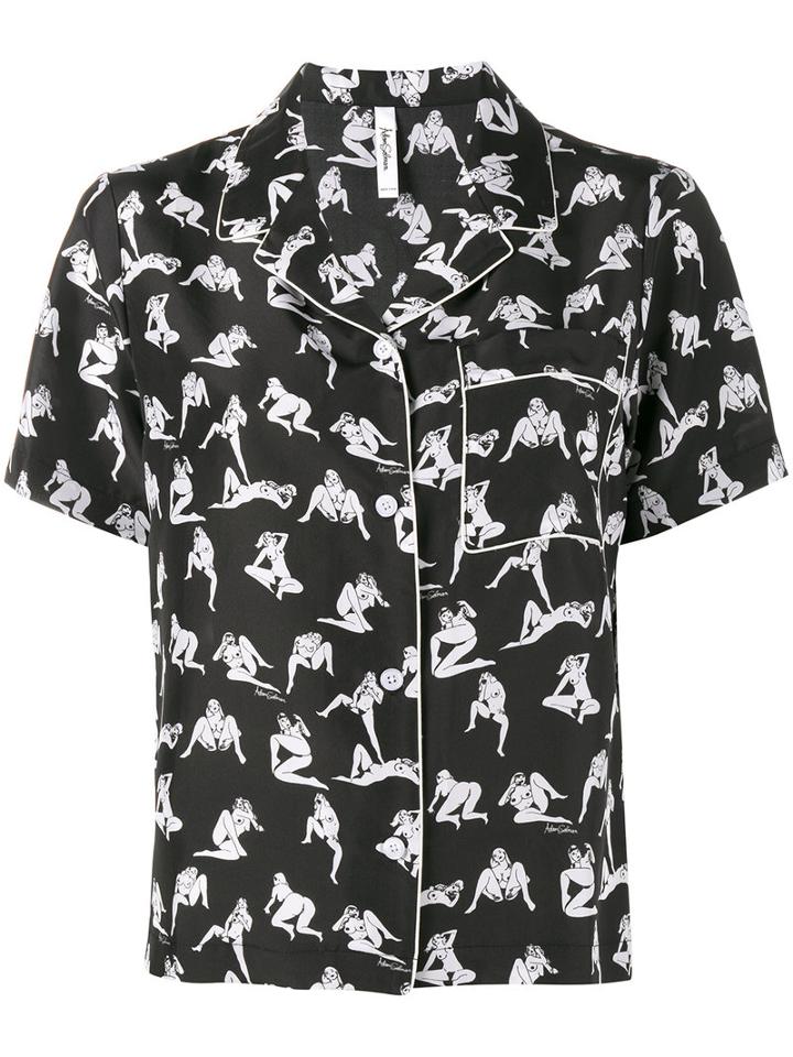 Adam Selman Naked Lady Print Pyjama Shirt, Women's, Size: Small, Black, Silk
