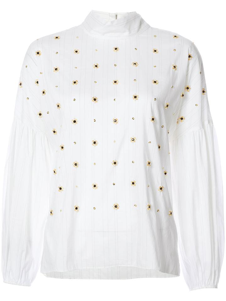 Tibi - Floral Beads Embellished Blouse - Women - Cotton/polyester/polyimide - M, White, Cotton/polyester/polyimide