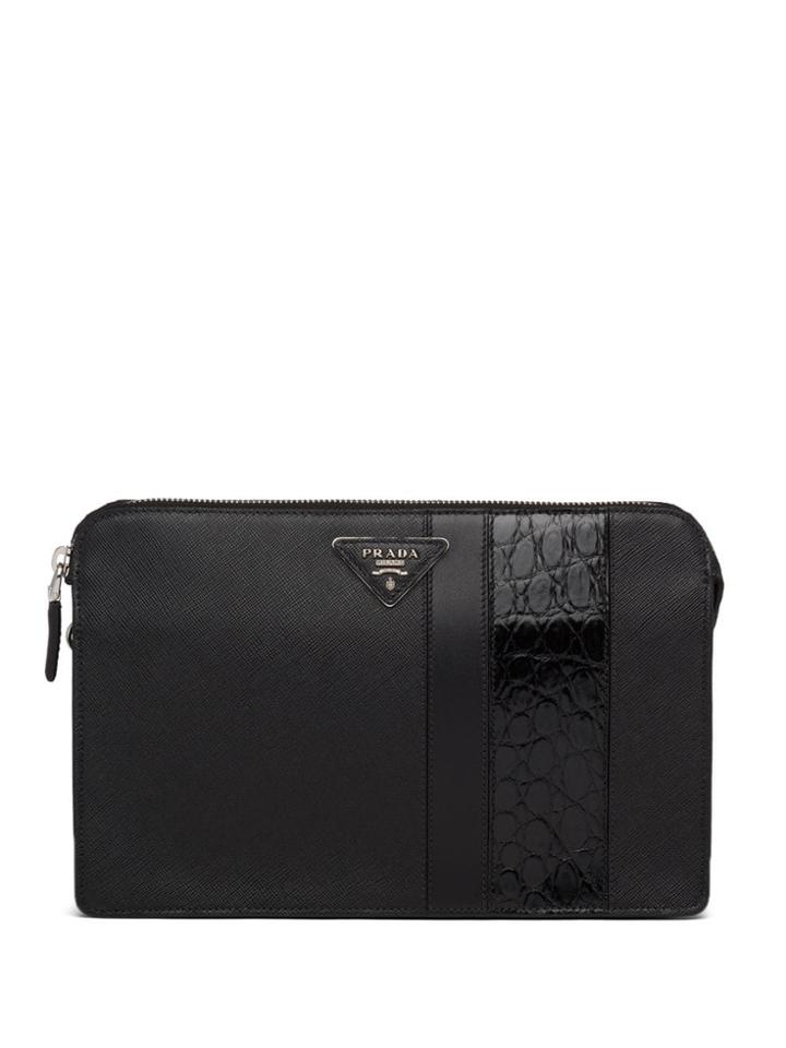 Prada Saffiano Leather Zipped Clutch - Black
