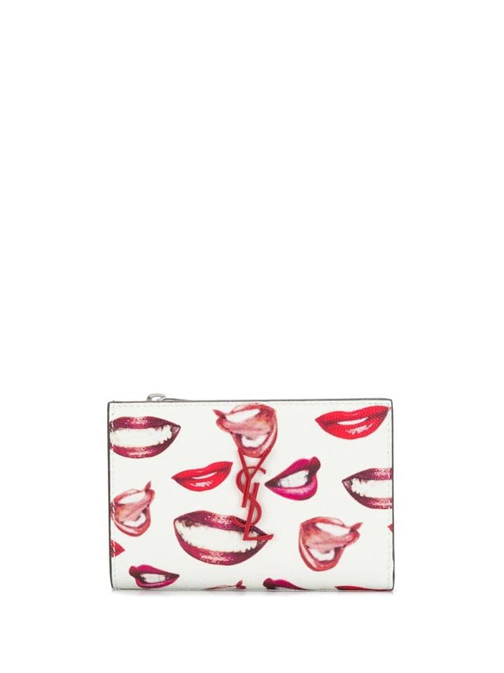 Saint Laurent Monogram Bi-fold Lip Print Wallet - White