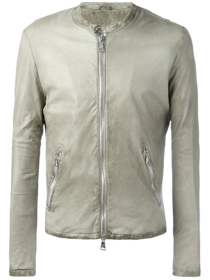 Giorgio Brato Banded Collar Leather Jacket, Men's, Size: 46, Grey, Leather/cotton/nylon