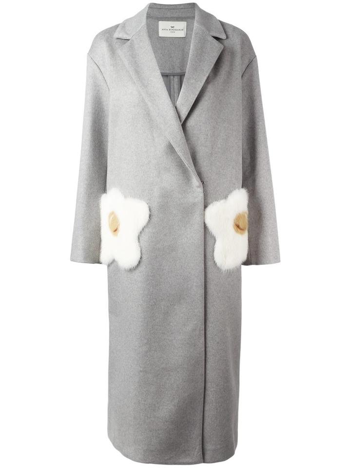 Anya Hindmarch Fried Egg Detail Coat, Women's, Size: Small, Grey, Virgin Wool/cashmere/polyamide/mink Fur