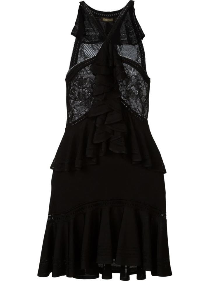 Roberto Cavalli Ruffle Mini Dress, Women's, Size: 44, Black, Polyester/viscose/silk/spandex/elastane