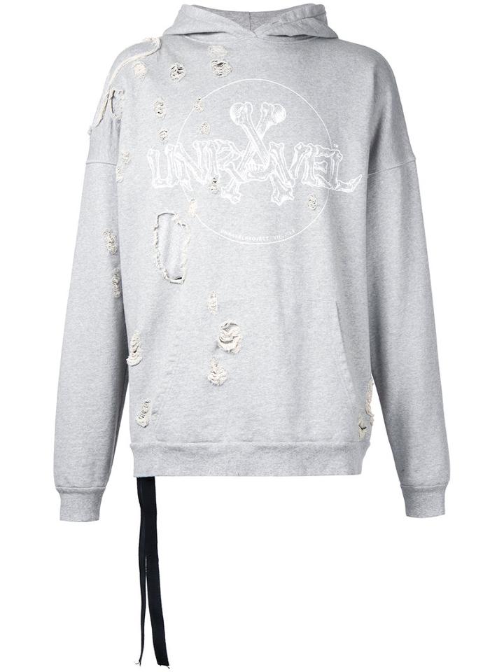 Unravel Project Logo Print Destroyed Hoody, Men's, Size: Medium, Grey, Cotton