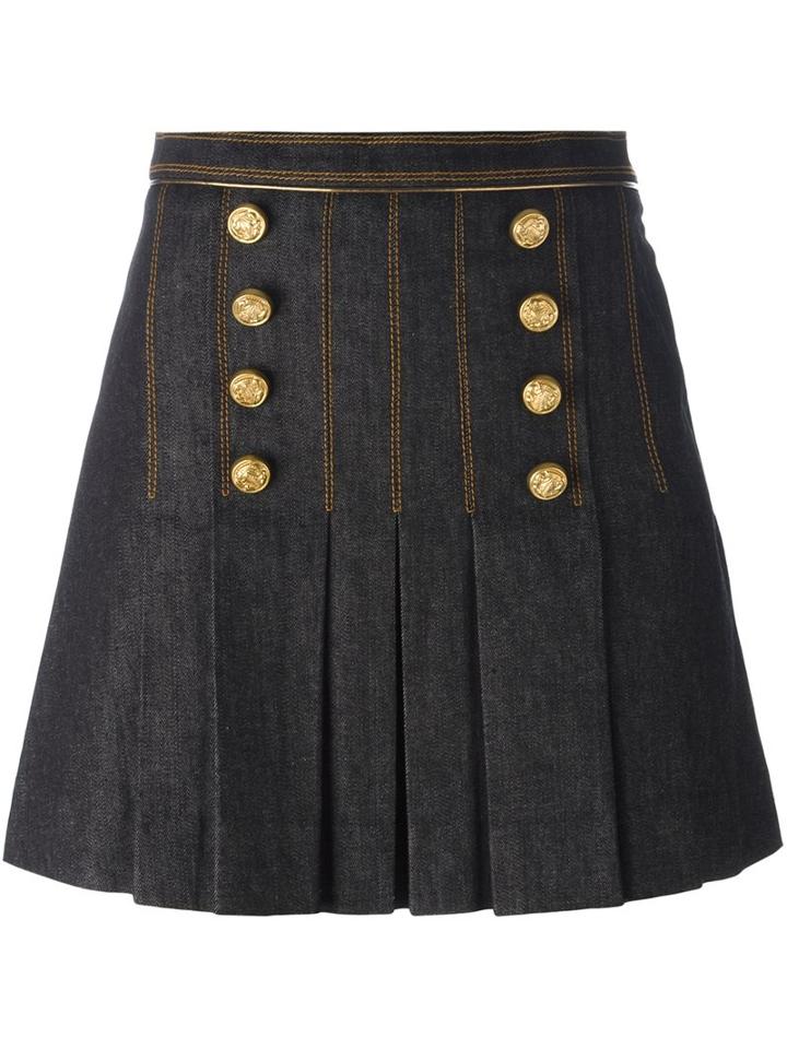 Hilfiger Collection Double Breasted Pleated Skirt, Women's, Size: 8, Blue, Cotton/spandex/elastane