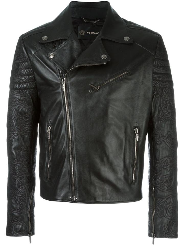 Versace Patterned Sleeves Biker Jacket - Black