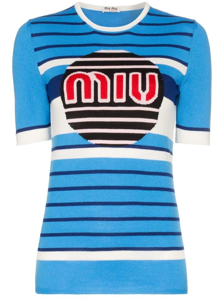 Miu Miu Logo Intarsia Knitted Virgin Wool Top - Blue