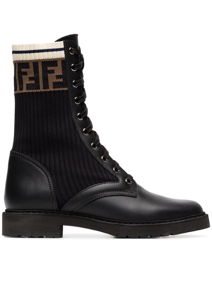 Fendi Black And Brown Rockoko Ff Logo Leather Boots
