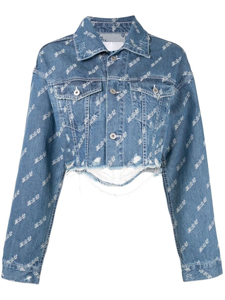 Ground Zero Cropped Distressed Print Denim Jacket - Blue