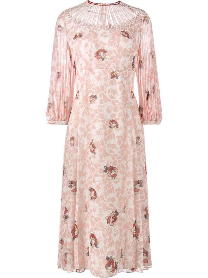 Vilshenko - Georgette Pleated Floral Print Dress - Women - Silk - 10, Women's, Nude/neutrals, Silk