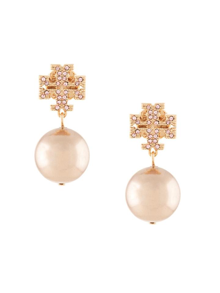 Tory Burch Crystal Pearl Logo Earrings - Gold
