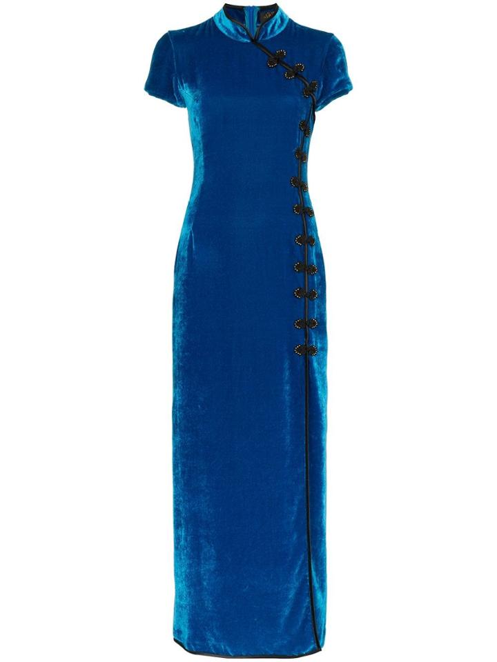 De La Vali Suki Front Slit Velvet Maxi Dress - Blue