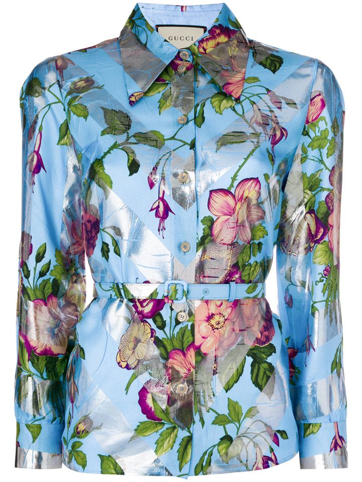 Gucci Floral Belted Waist Shirt - Blue