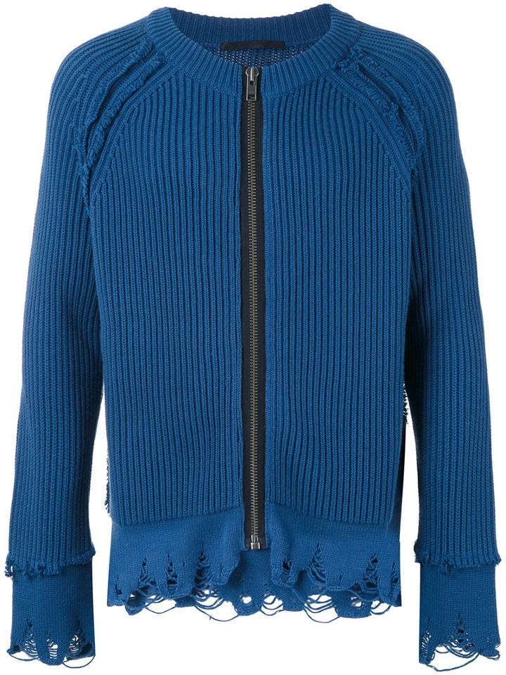 Haider Ackermann - Frayed Ribbed Zipped Cardigan - Men - Cotton/cashmere - S, Blue, Cotton/cashmere