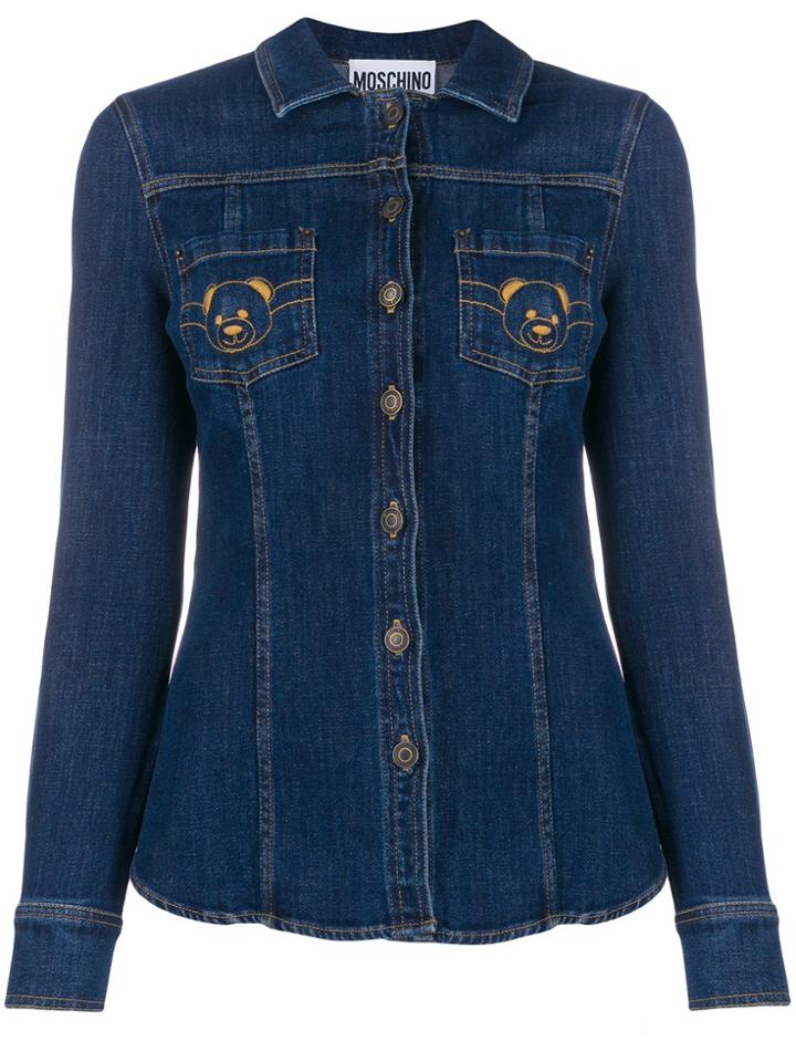 Moschino Teddy Bear Embroidered Denim Shirt - Blue