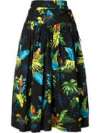 Marc Jacobs Parrots Print Pleated Skirt, Women's, Size: 4, Black, Cotton/spandex/elastane