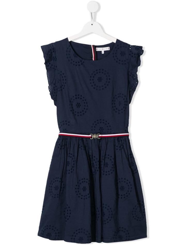 Tommy Hilfiger Junior Teen Frill Sleeve Broderie Anglais Dress - Blue