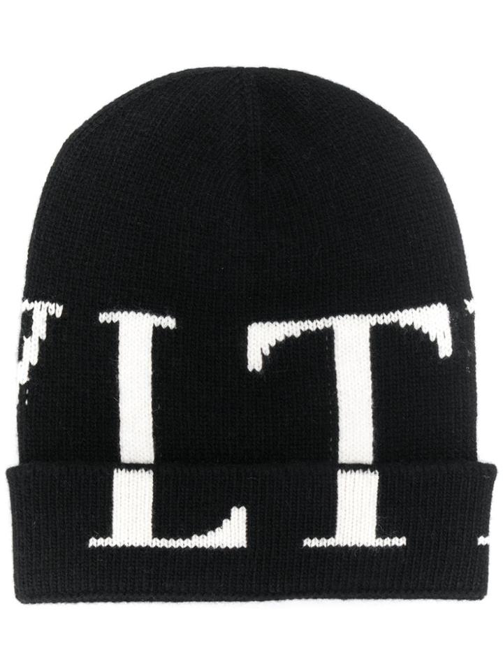 Valentino Logo Ribbed Beanie - Black