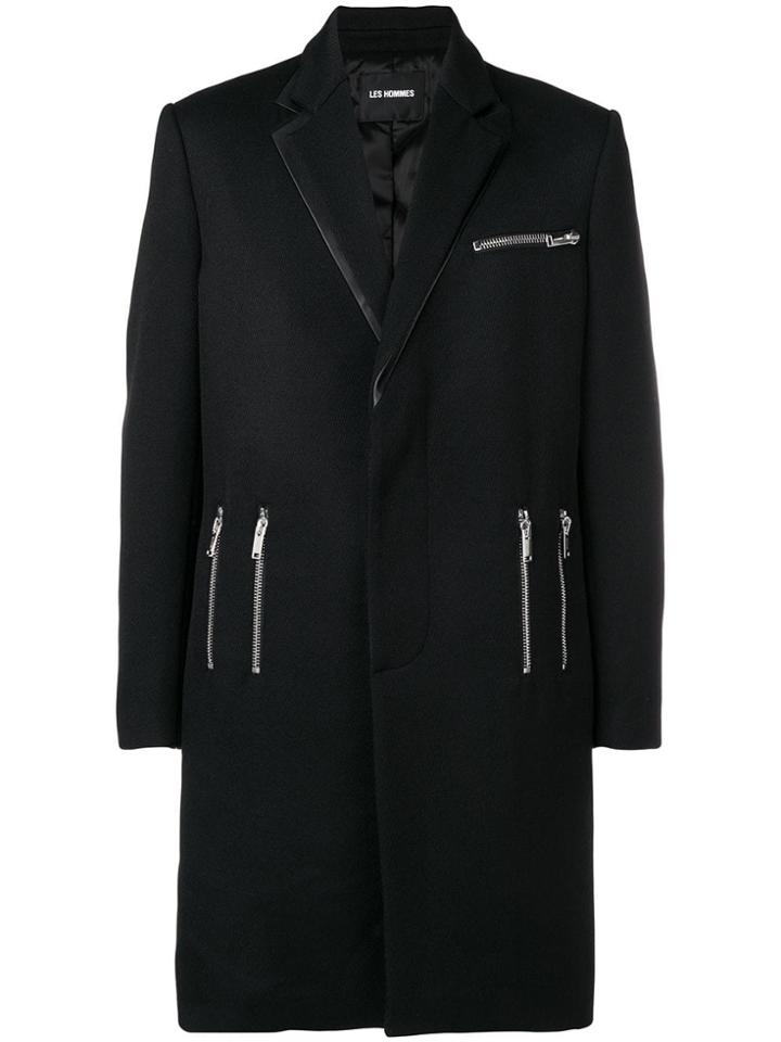 Les Hommes Zip Detail Single Breasted Coat - Black