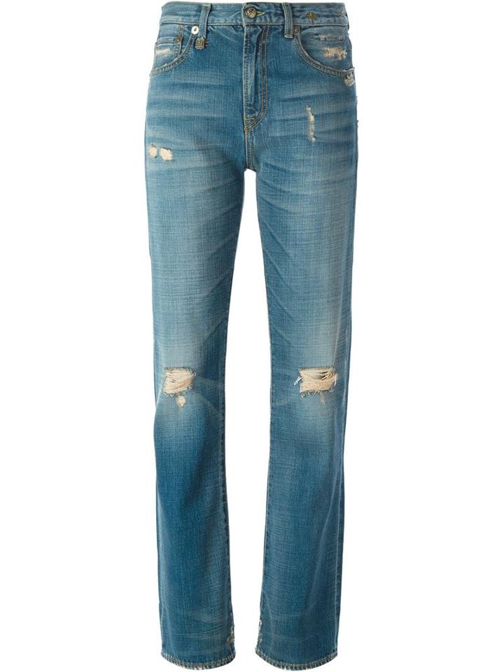R13 Distressed Straight Leg Jeans, Women's, Size: 24, Blue, Cotton/spandex/elastane/leather