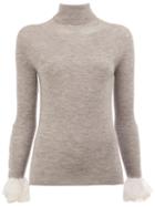 Oscar De La Renta Ruffled Cuffs Pullover, Women's, Size: Small, Grey, Virgin Wool
