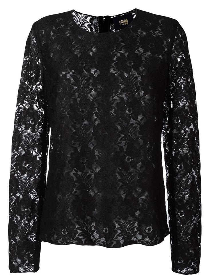 Cavalli Class Lace Longlsleeved Top, Women's, Size: 42, Black, Polyamide/polyester/viscose