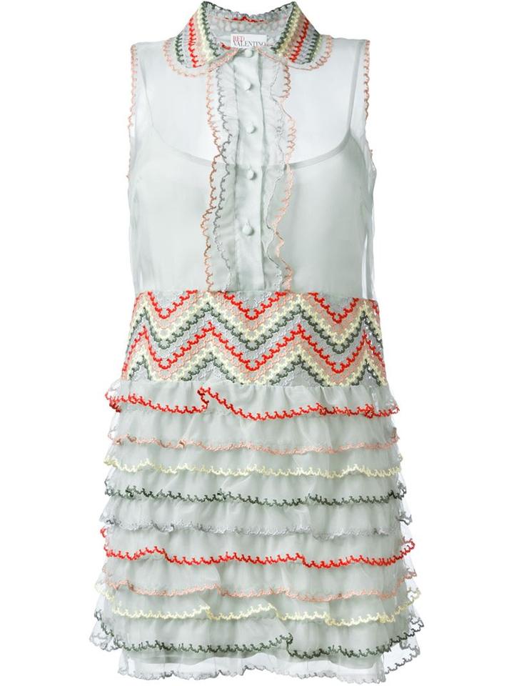 Red Valentino Embroidered Trim Ruffled Dress, Women's, Size: 40, Green, Polyester