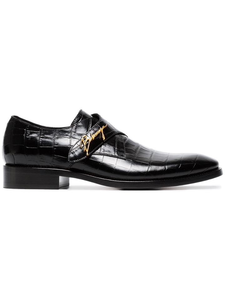 Balenciaga Black Croc Gold Buckle Leather Monk Shoes