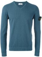 Stone Island V-neck Jumper, Men's, Size: Large, Blue, Cotton/polyamide