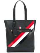 Thom Browne Tote In Black Pebble Grain Red, White And Blue Diagonal