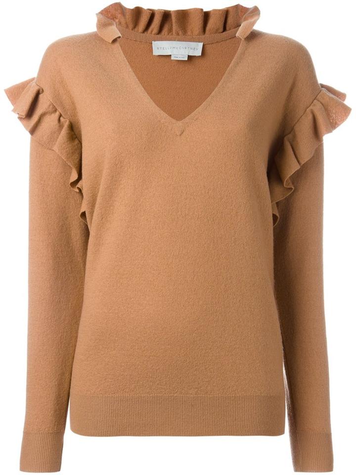 Stella Mccartney Ruffle Sleeve V-neck Top, Women's, Size: 42, Brown, Polyamide/spandex/elastane/wool/virgin Wool