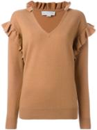 Stella Mccartney Ruffle Sleeve V-neck Top, Women's, Size: 42, Brown, Polyamide/spandex/elastane/wool/virgin Wool