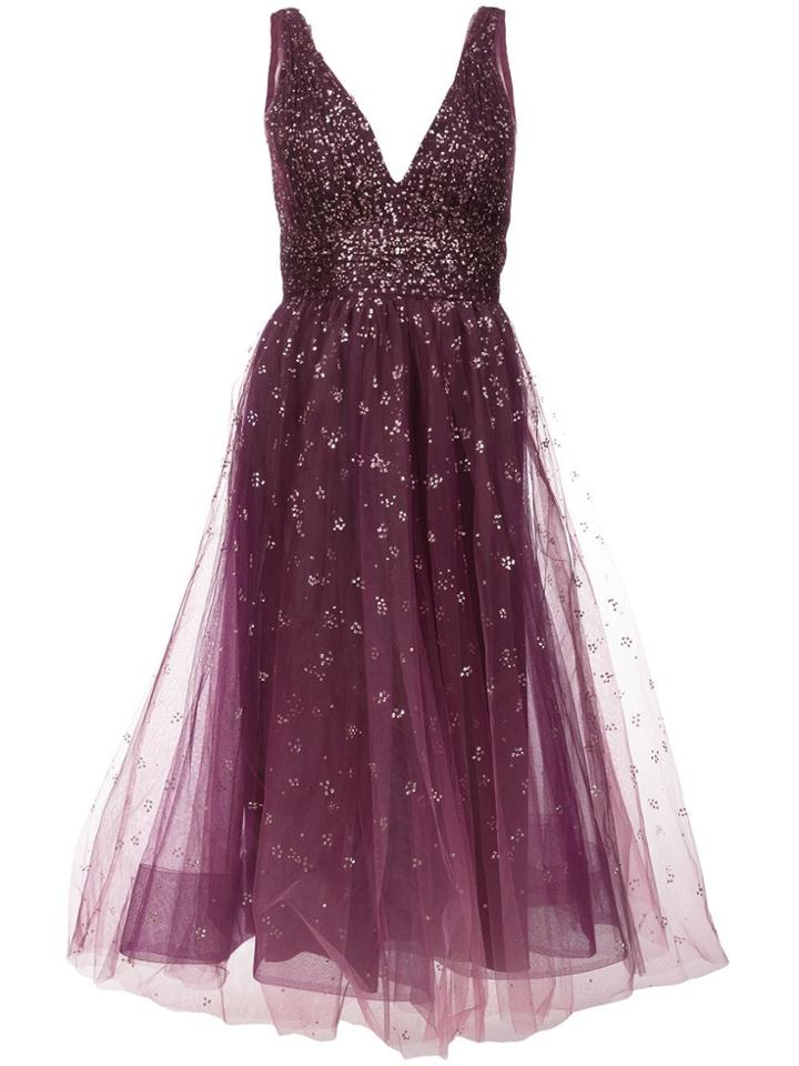 Marchesa Notte Plunge Neck Foil Dress - Pink & Purple