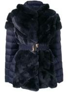 Liska Rabbit Fur Padded Belted Coat - Blue