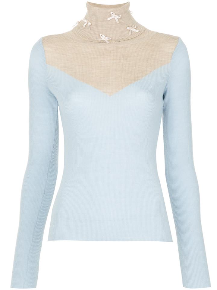 Tu Es Mon Trésor Bow-embellished Panelled Turtleneck Sweater - Blue