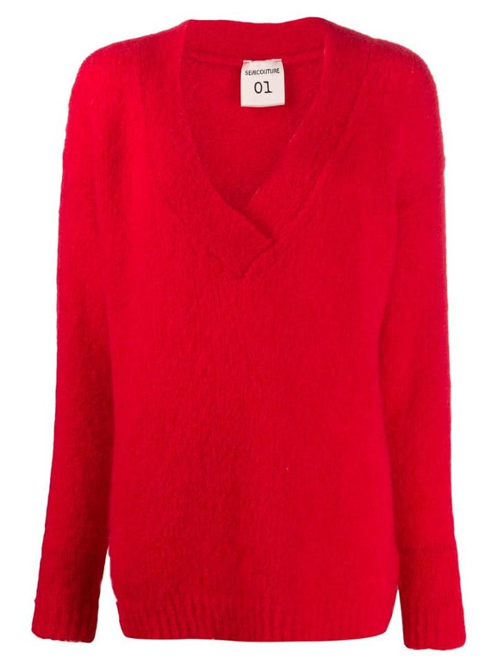 Semicouture Oversized V-neck Jumper - Red