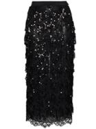 Alessandra Rich Sequin Embellished Lace Panel Silk Skirt - Black