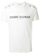Pierre Balmain Studded Shoulders Logo T-shirt, Men's, Size: 52, White, Cotton/polyester