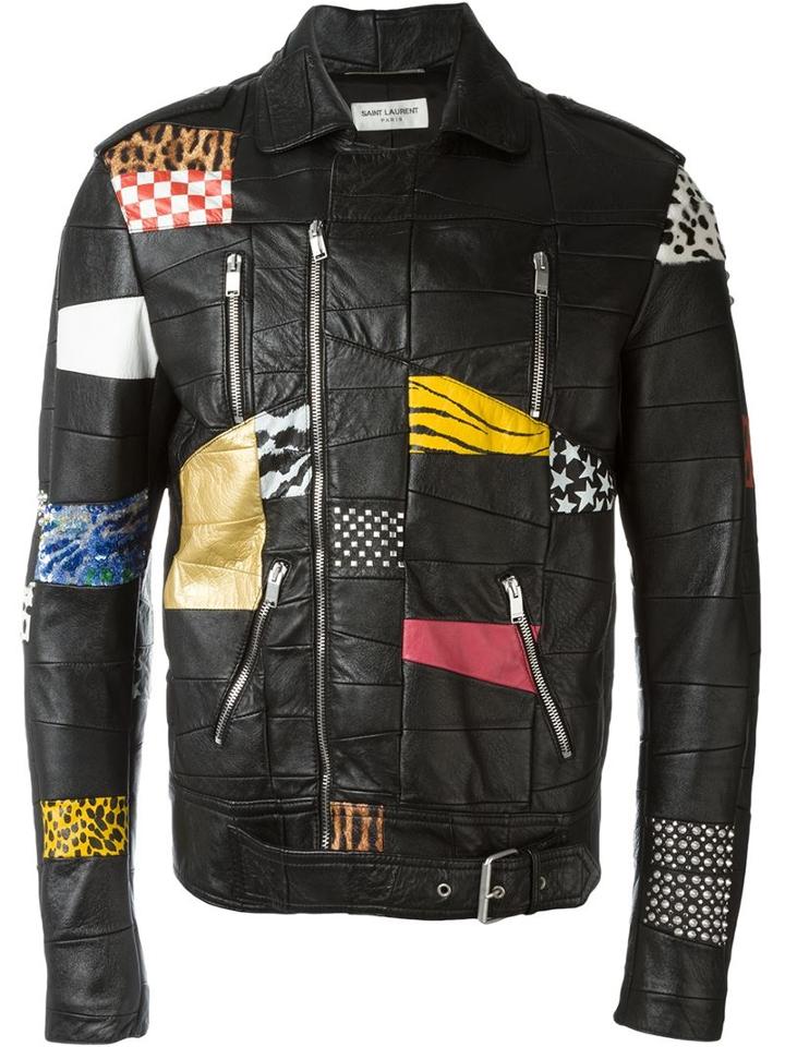 Saint Laurent Patchwork Biker Jacket, Men's, Size: 48, Black, Lamb Skin/goat Skin/calf Leather/cotton