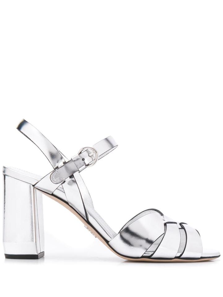 Prada Strappy Mid Heel Sandals - Silver