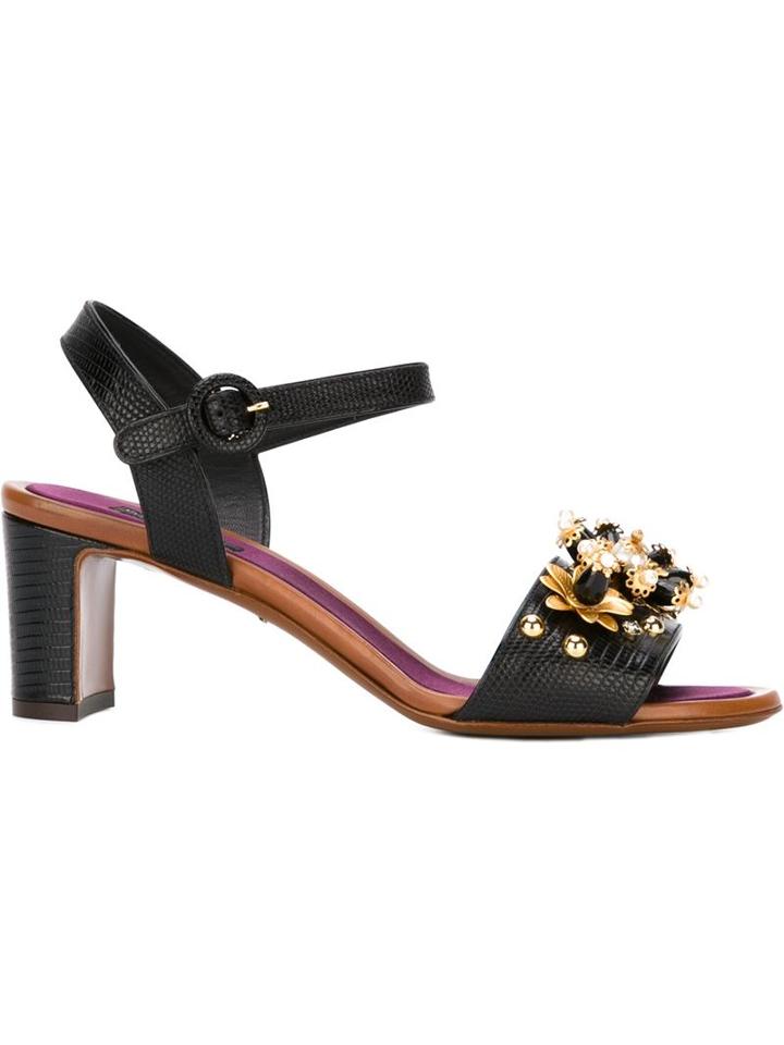 Dolce & Gabbana Embellished Sandals, Women's, Size: 37, Black, Calf Leather/leather/silk
