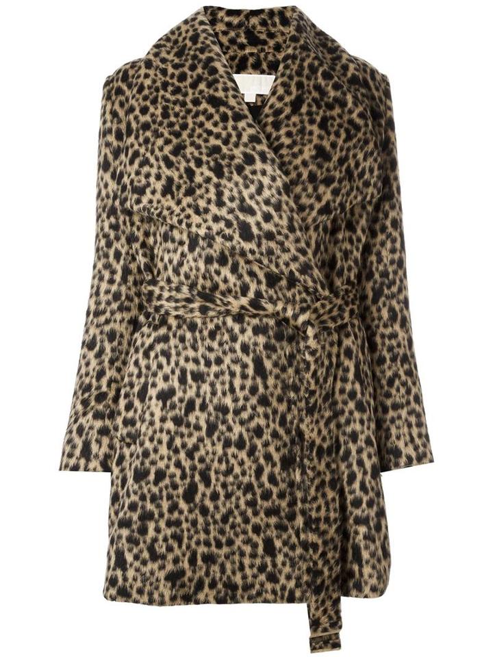 Michael Michael Kors Belted Leopard Print Coat, Women's, Size: Large, Brown, Acrylic/polyester/nylon/spandex/elastane