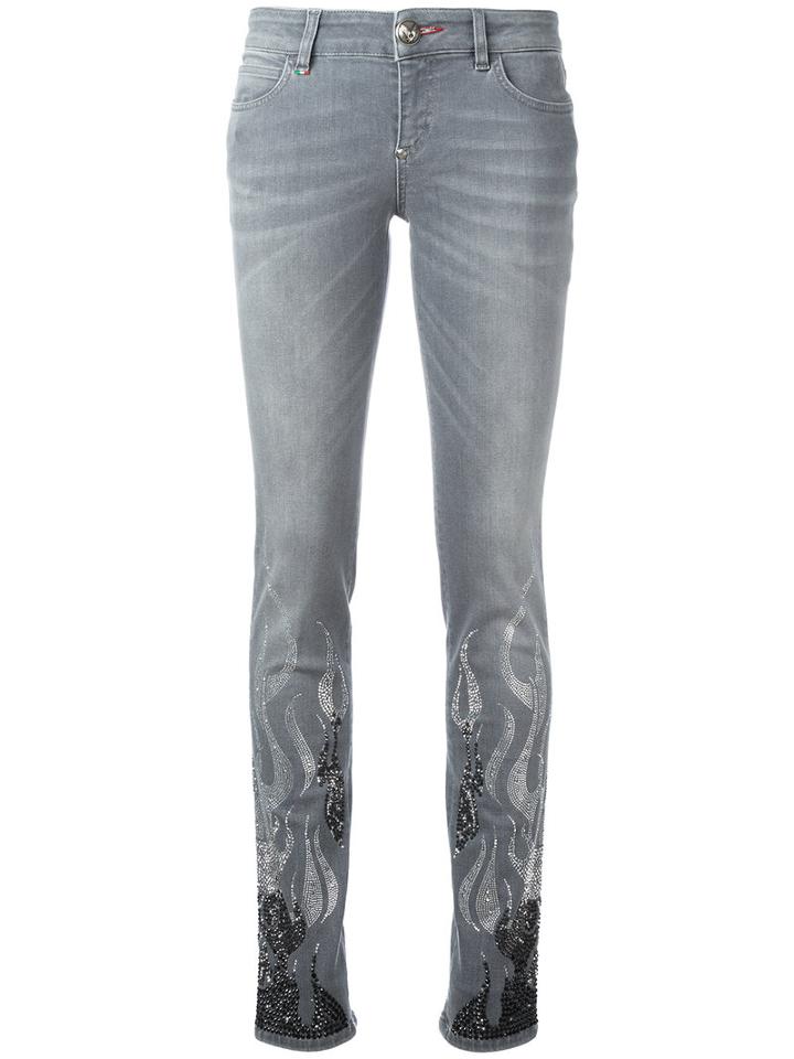 Philipp Plein Embellished Jeans, Women's, Size: 26, Grey, Cotton/spandex/elastane