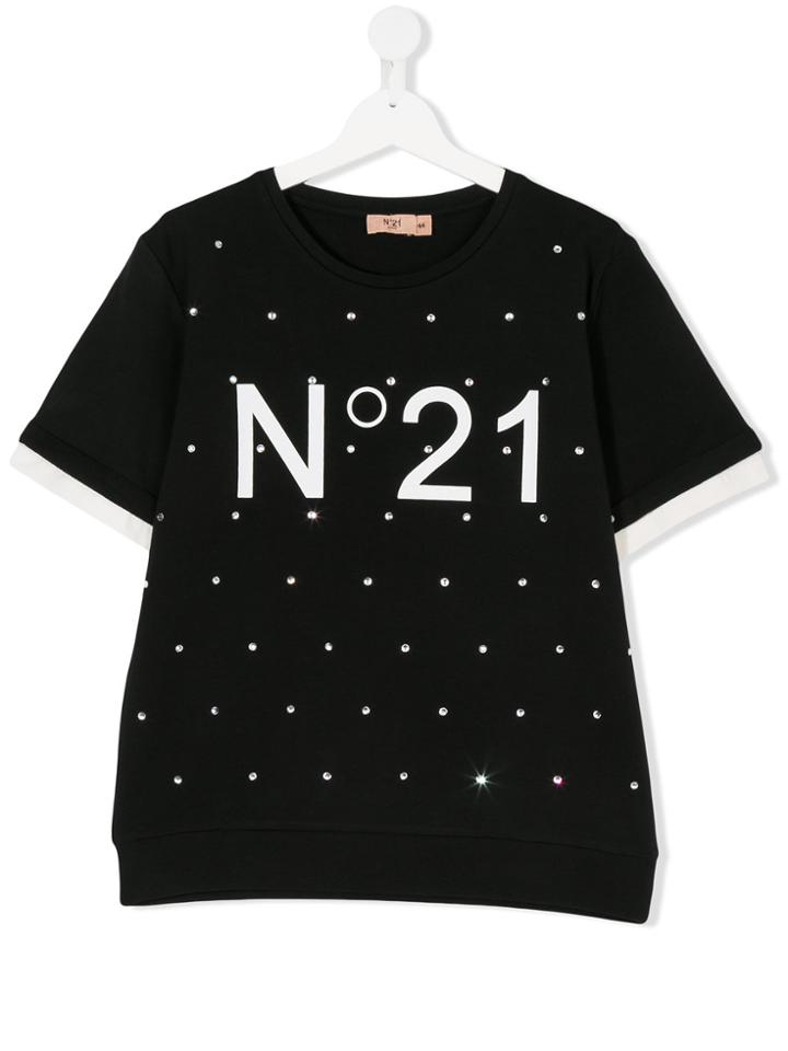 No21 Kids Teen Crystal Embellished Logo Short Sleeve Sweatshirt -