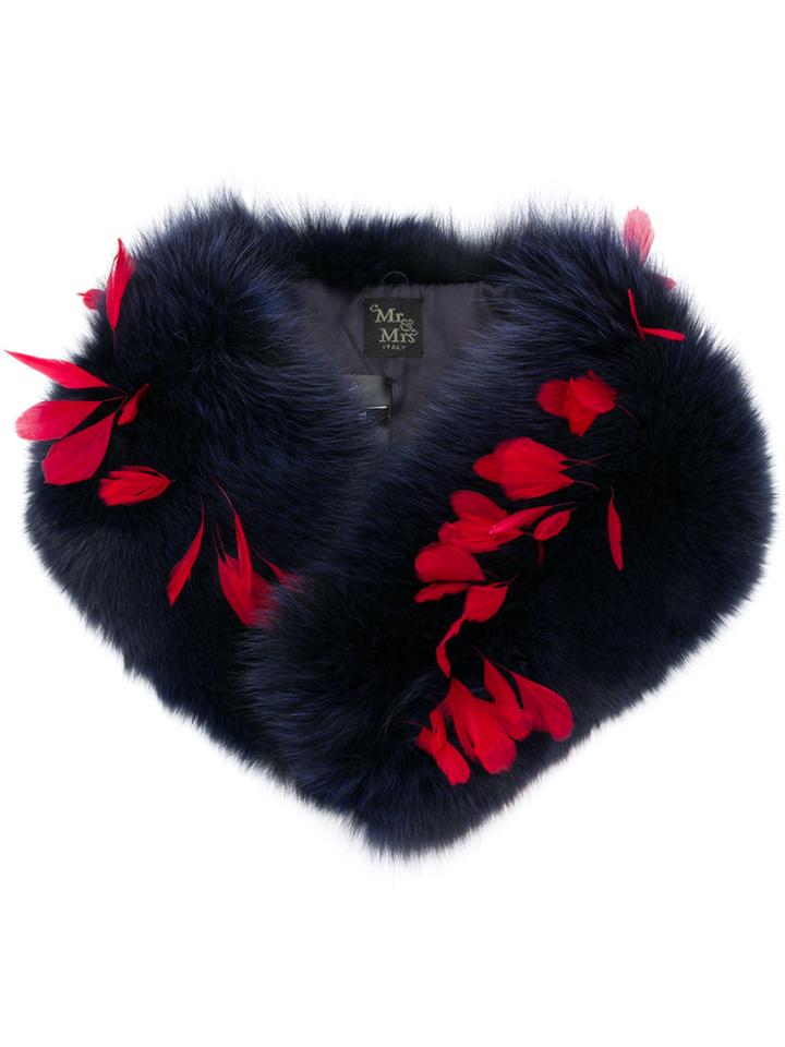 Mr & Mrs Italy Fox Fur And Feather Scarf - Blue