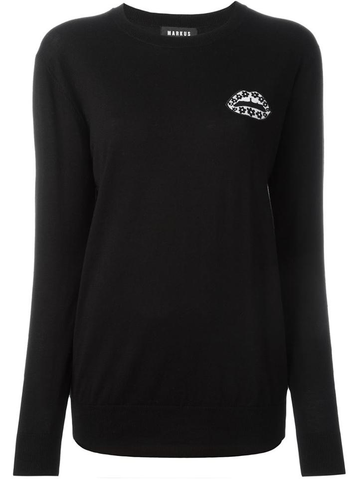 Markus Lupfer Embroidered Flower Lips Patch Jumper, Women's, Size: L, Black, Cotton