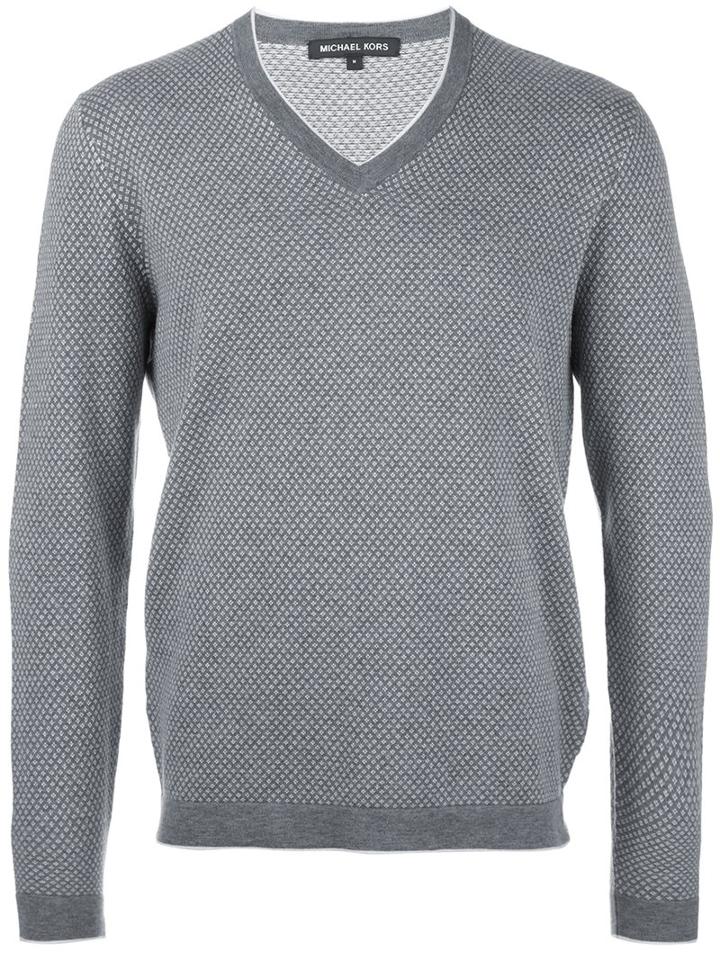 Michael Kors Diamond Patterned V-neck Jumper, Men's, Size: Medium, Grey, Cotton