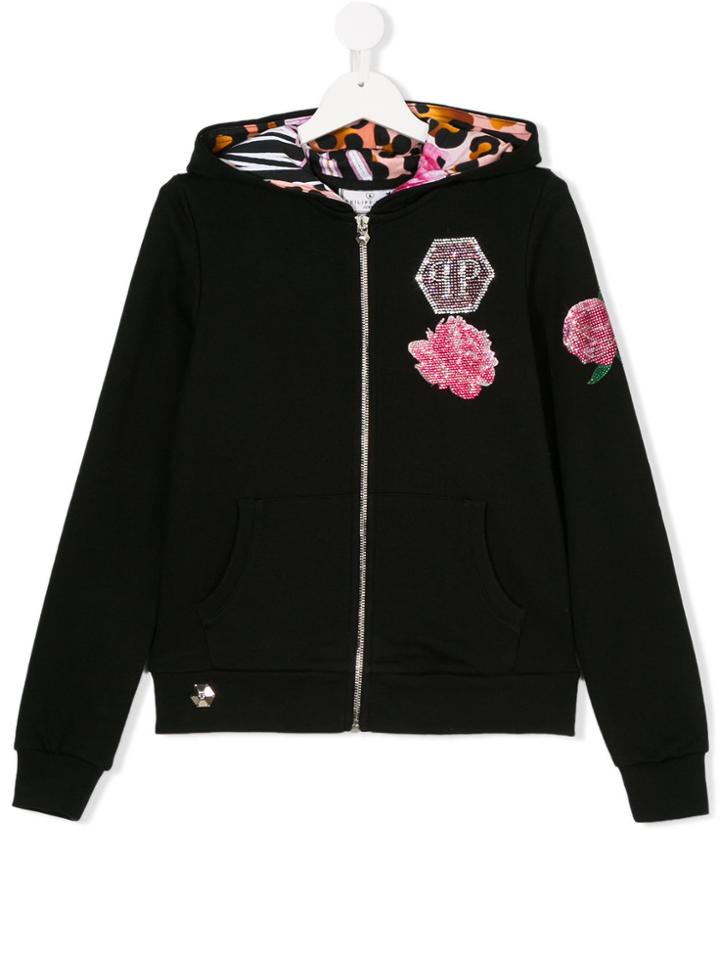 Philipp Plein Junior Teen Embellished Floral Print Hoodie - Black