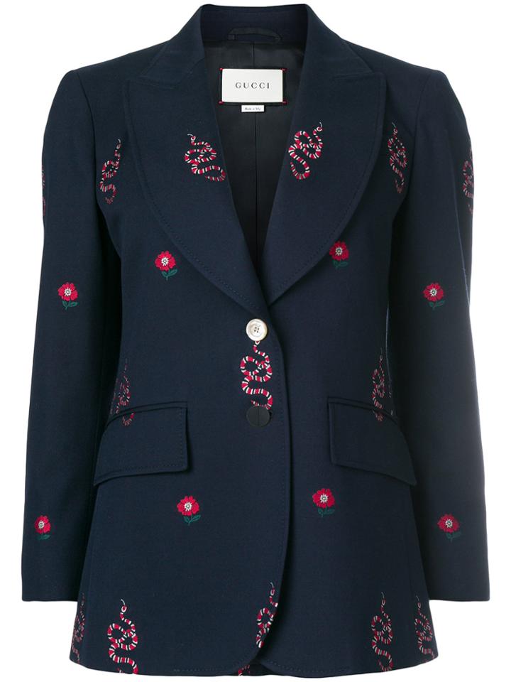 Gucci Kingsnake And Floral Embroidered Jacket - Blue